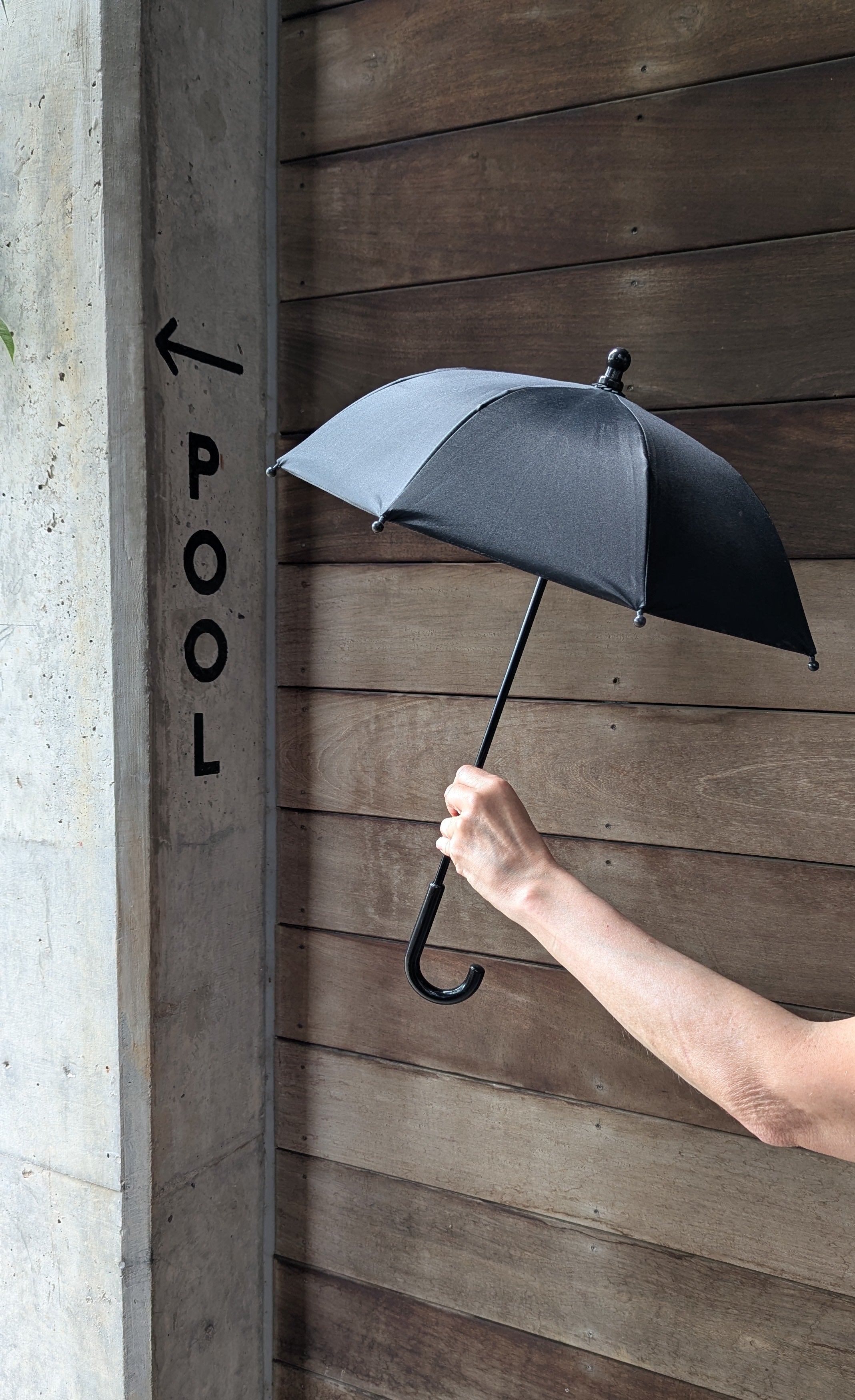 Person holding a black parasol against a wooden wall with 'Pool' sign.